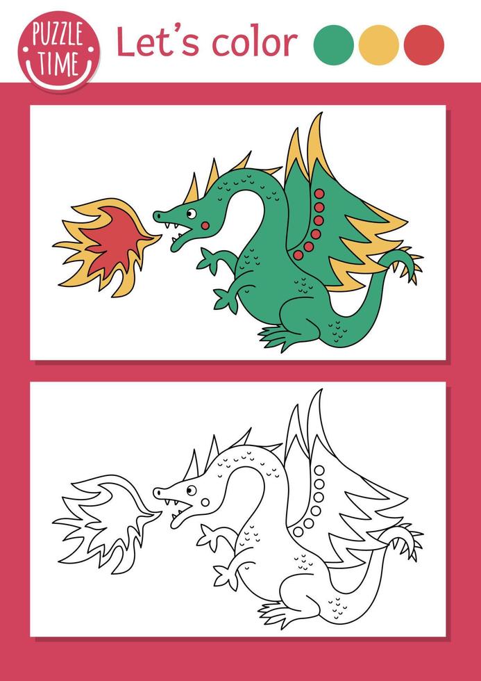 Magic kingdom coloring page for children with dragon, fire. Vector fairytale outline illustration with cute fantasy creature. Color book for kids with colored example. Drawing printable worksheet