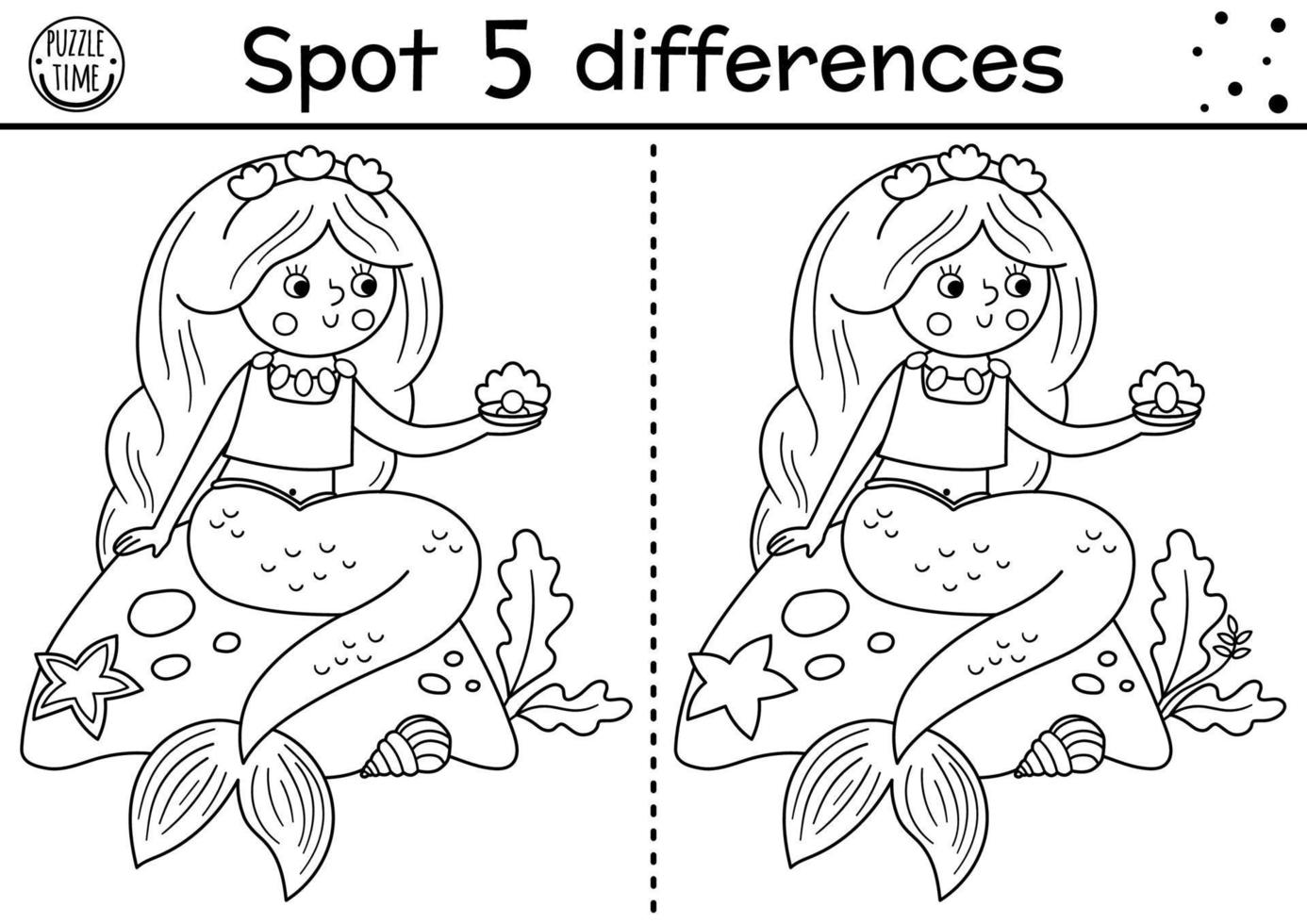 Black and white find differences game for children. Fairytale educational activity with cute mermaid and pearl. Magic kingdom puzzle for kids. Fairy tale printable worksheet or coloring page vector