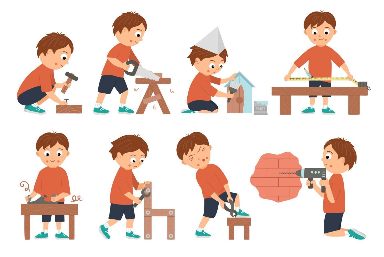 Vector set of boys doing carpenter, building or wood work. Flat funny kid character sawing, measuring, drilling a wall, screwing, working with plane, painting a nestling box. Craft lesson illustration