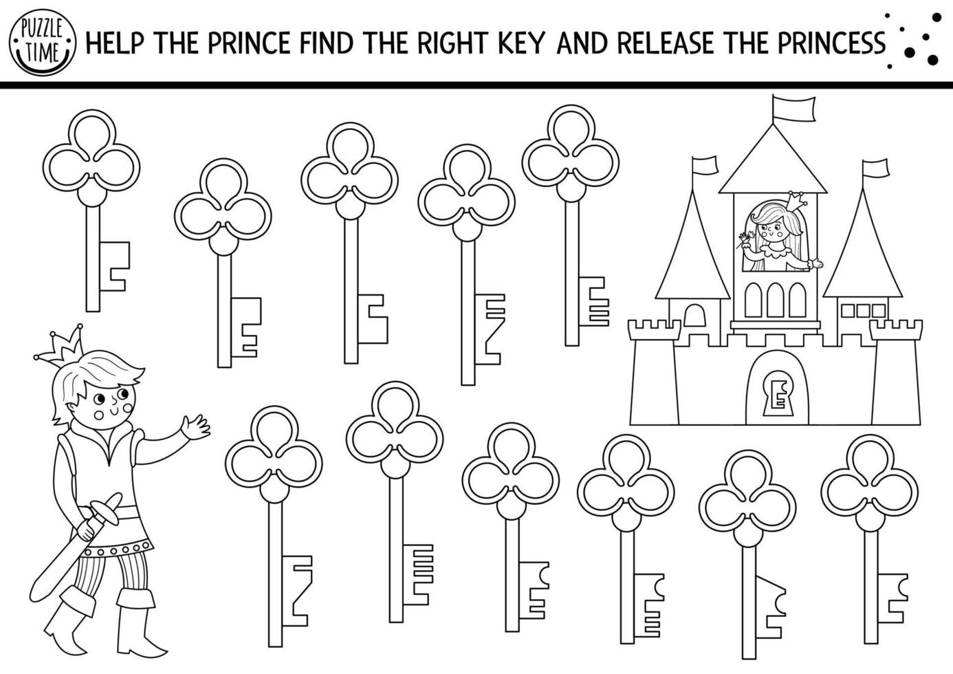 Find the right key to release princess. Fairytale black and white matching activity for children. Magic kingdom line quiz worksheet or coloring page. Simple printable game with castle, prince vector