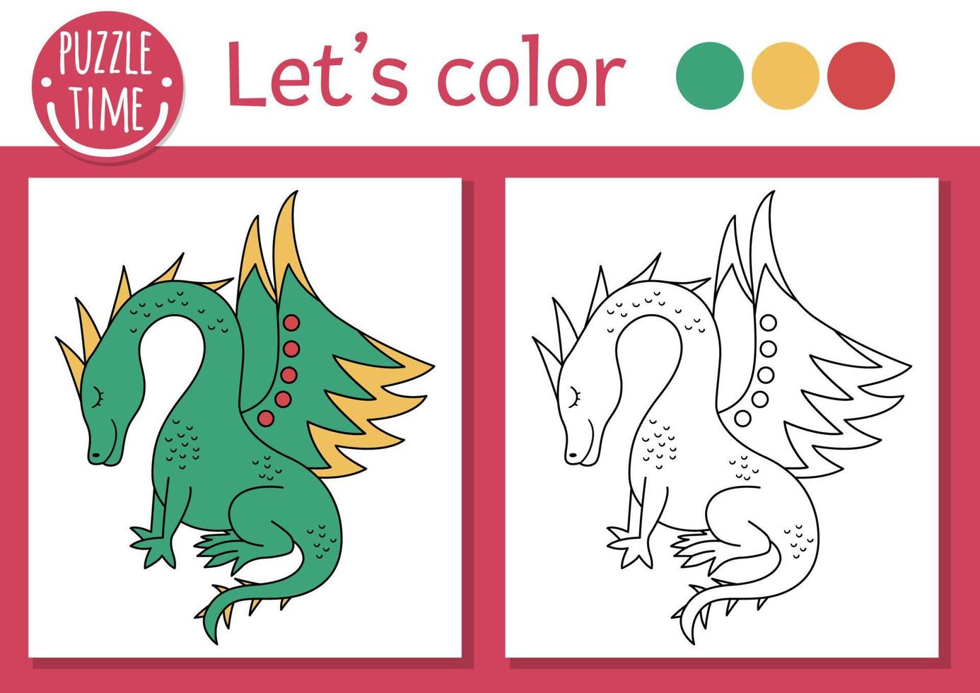 Magic kingdom coloring page for children with dragon. Vector fairytale outline illustration with cute fantasy creature. Color book for kids with colored example. Drawing skills printable worksheet