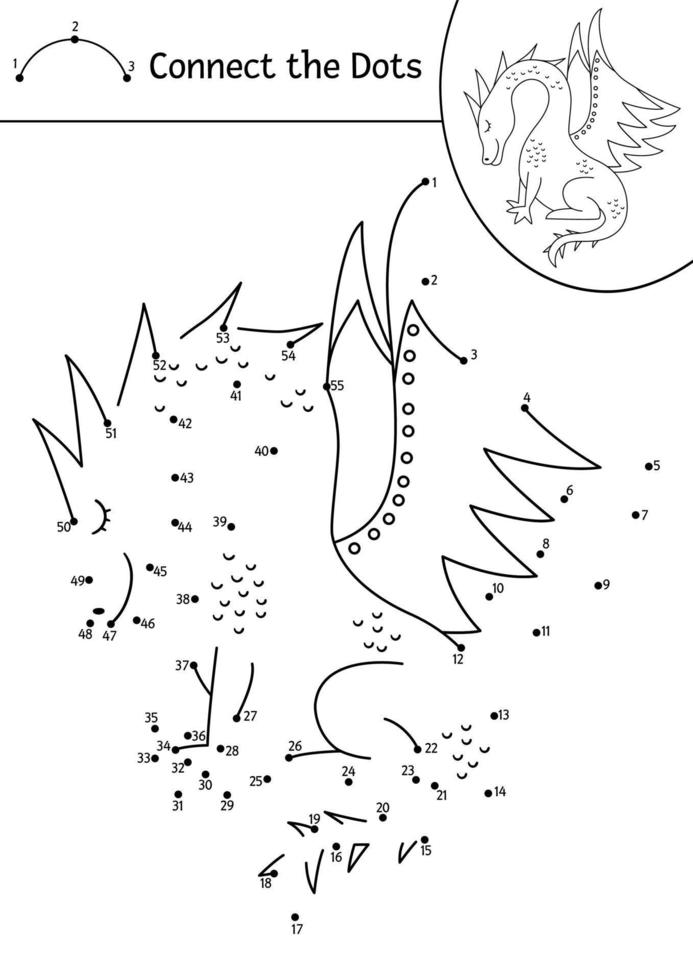 Vector dot-to-dot and color activity with cute dragon. Magic kingdom connect the dots game for children with fantasy creature. Fairy tale coloring page for kids. Printable worksheet