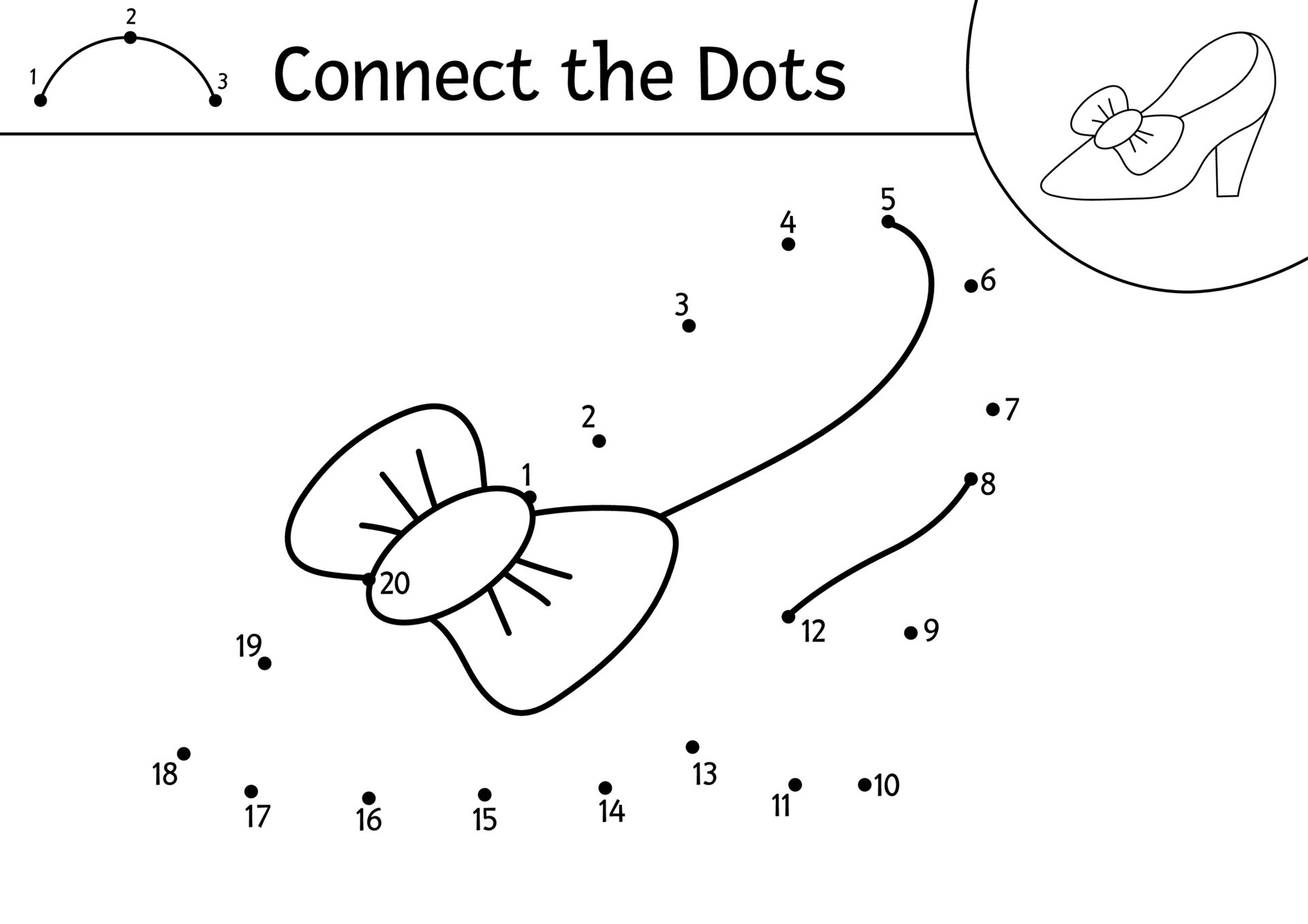 Vector dottodot and color activity with cute princess shoe. Magic