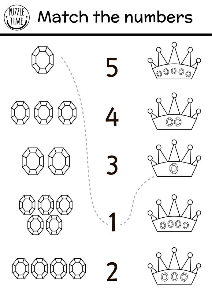 combina el juego de números con corona, piedras preciosas. actividad matemática de cuento de hadas en blanco y negro para niños en edad preescolar. hoja de trabajo o página para colorear educativa imprimible de conteo del reino mágico vector