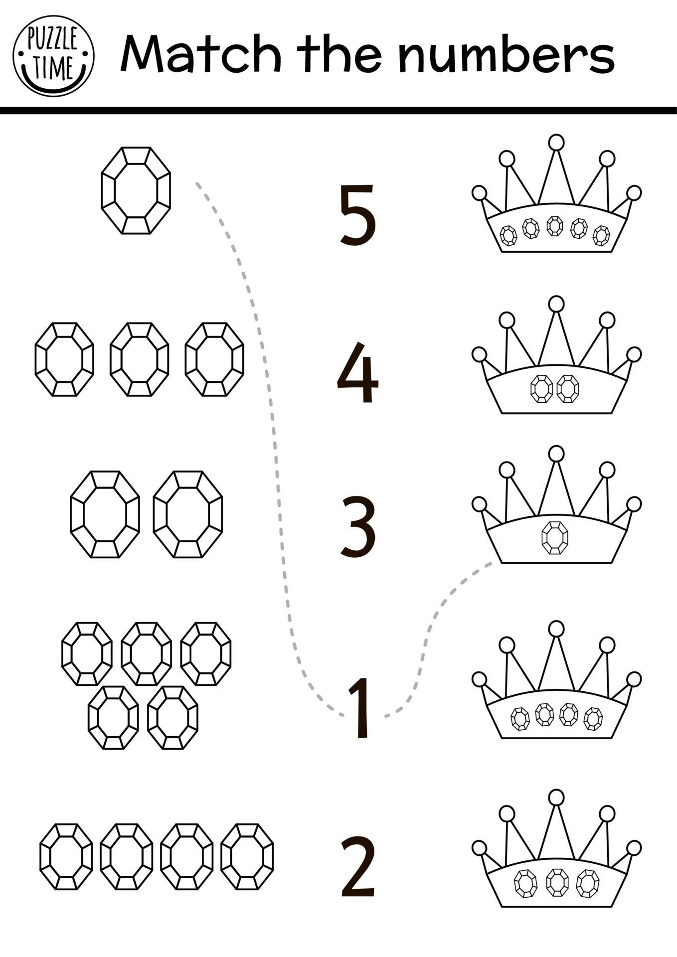 Match the numbers game with crown, gem stones. Black and white fairytale  math activity for preschool children. Magic kingdom educational printable  counting worksheet or coloring page 13726098 Vector Art at Vecteezy