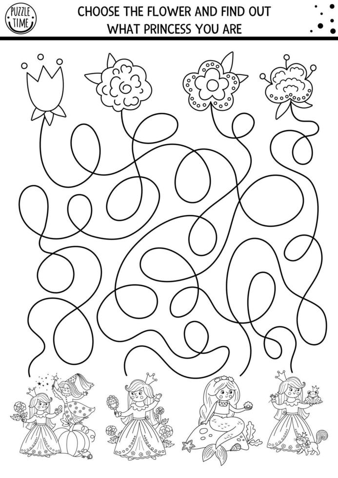 Fairytale black and white maze for kids with cute princesses and flowers. Magic kingdom preschool printable activity or coloring page with Sleeping Beauty, Mermaid. Fairy tale labyrinth game vector