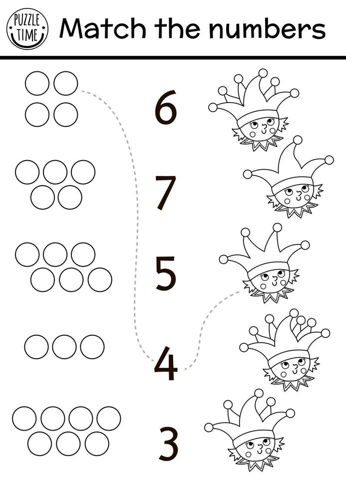 Match the numbers game with buffoon and bells on hat. Black and white fairytale math activity for preschool children. Magic kingdom printable counting or coloring worksheet for kids vector