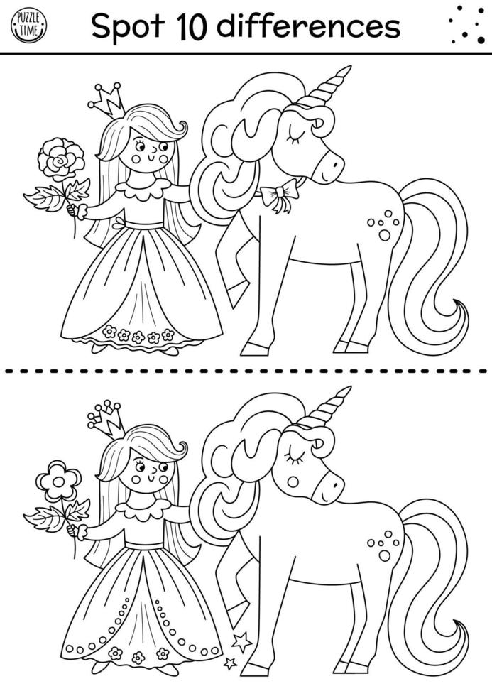 Black and white find differences game for children. Fairytale educational activity with cute princess, rose and unicorn. Magic kingdom puzzle for kids. Fairy tale printable worksheet or coloring page vector