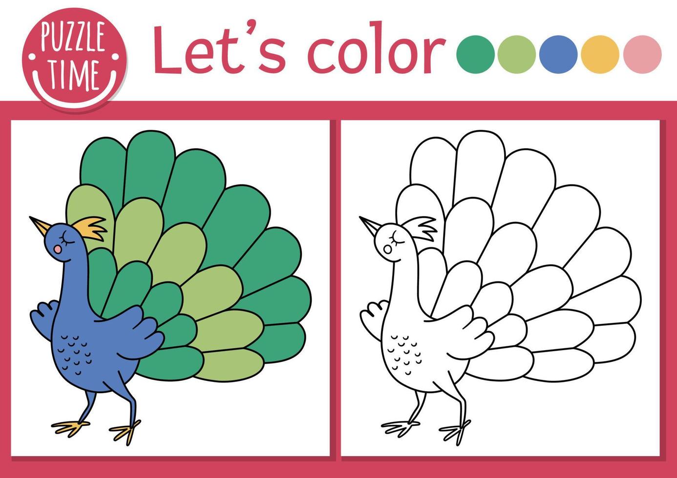 página para colorear del reino mágico para niños con pavo real. ilustración de contorno de cuento de hadas vectorial con linda criatura de fantasía. libro de colores para niños con ejemplos de colores. hoja de trabajo imprimible de habilidades de dibujo vector