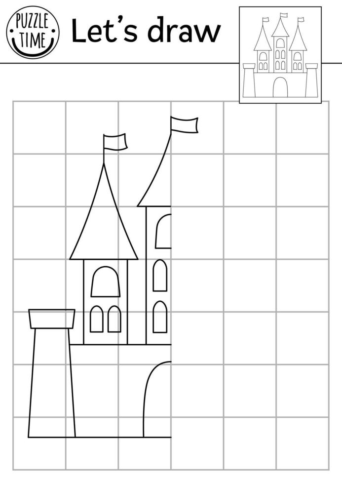 Complete the castle picture. Vector fairytale symmetrical drawing practice worksheet. Printable black and white activity for preschool kids. Copy the picture magic kingdom themed game