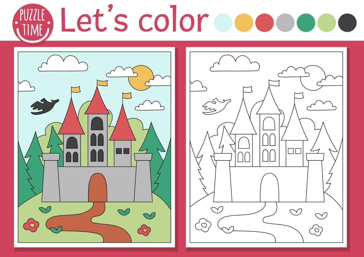 Magic kingdom coloring page for children with castle and forest landscape. Vector fairytale outline illustration. Color book for kids with colored example. Drawing skills printable worksheet