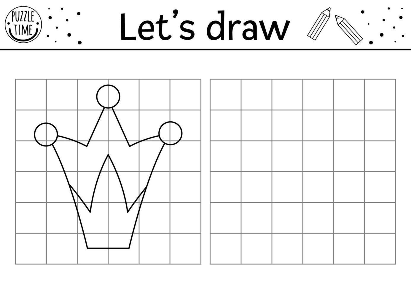 completa el cuadro de la corona. hoja de trabajo de práctica de dibujo de cuento de hadas vectorial. actividad imprimible en blanco y negro para niños en edad preescolar. Copia la imagen del juego temático Magic Kingdom. vector