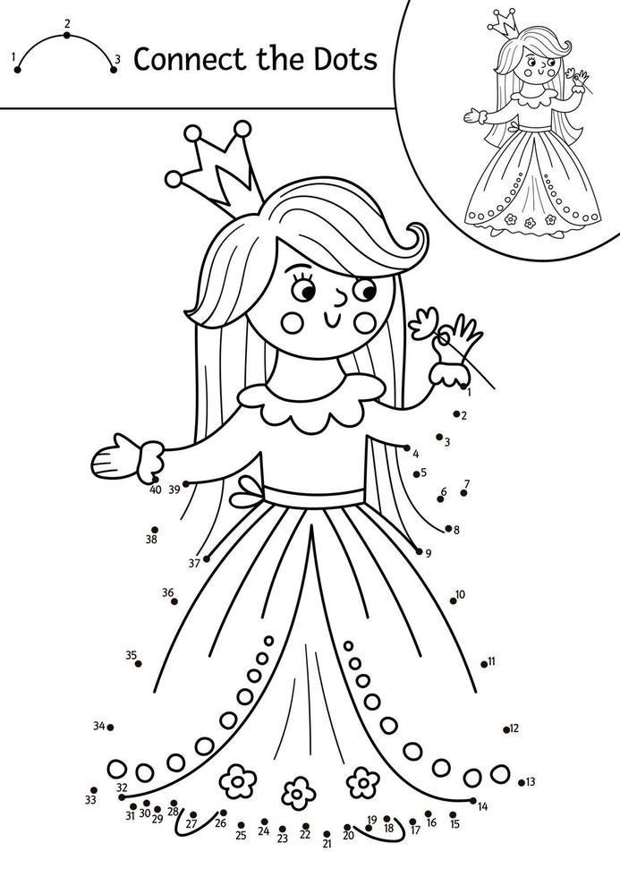 actividad vectorial de punto a punto y color con linda princesa y flor. reino mágico conecta el juego de puntos para niños con niña. Página para colorear de cuento de hadas para niños. hoja de trabajo imprimible de fantasia vector