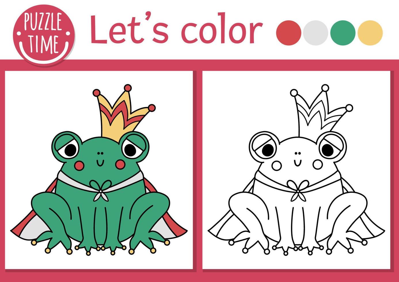 Magic kingdom coloring page for children with frog prince. Vector fairytale outline illustration with cute fantasy creature. Color book for kids with colored example. Drawing skill printable worksheet