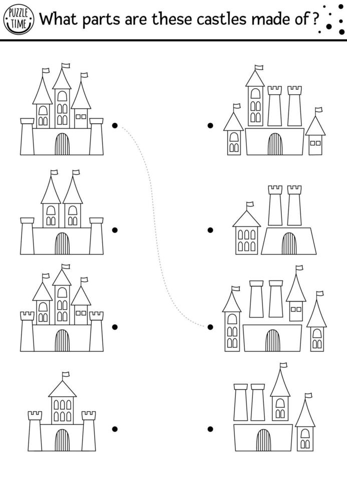 blanco y negro encuentra diferencias, juego lógico y de combinación para niños. actividad educativa de cuento de hadas con castillos. Hoja de trabajo imprimible para encontrar piezas. rompecabezas del reino mágico o página para colorear vector