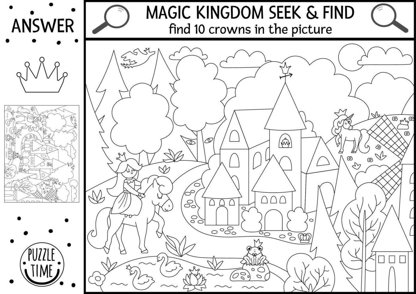 Vector fairytale searching game with medieval village landscape and princess. Spot hidden crowns in the picture. Simple fantasy seek and find magic kingdom educational printable activity for kids