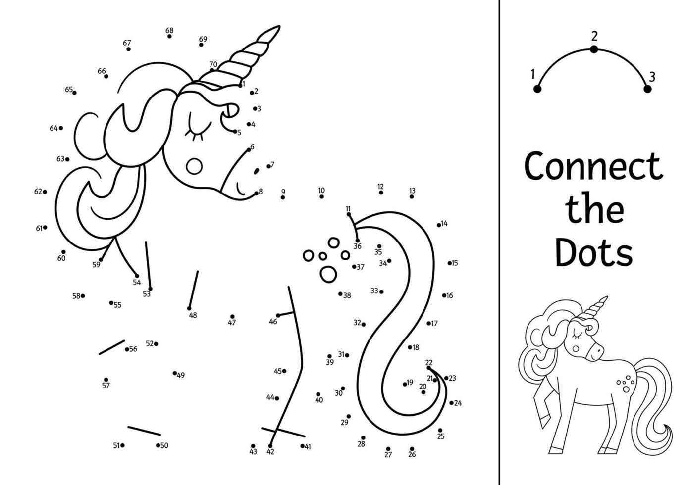 Vector dot-to-dot and color activity with cute unicorn. Magic kingdom connect the dots game for children with fantasy creature. Fairy tale coloring page for kids. Printable worksheet