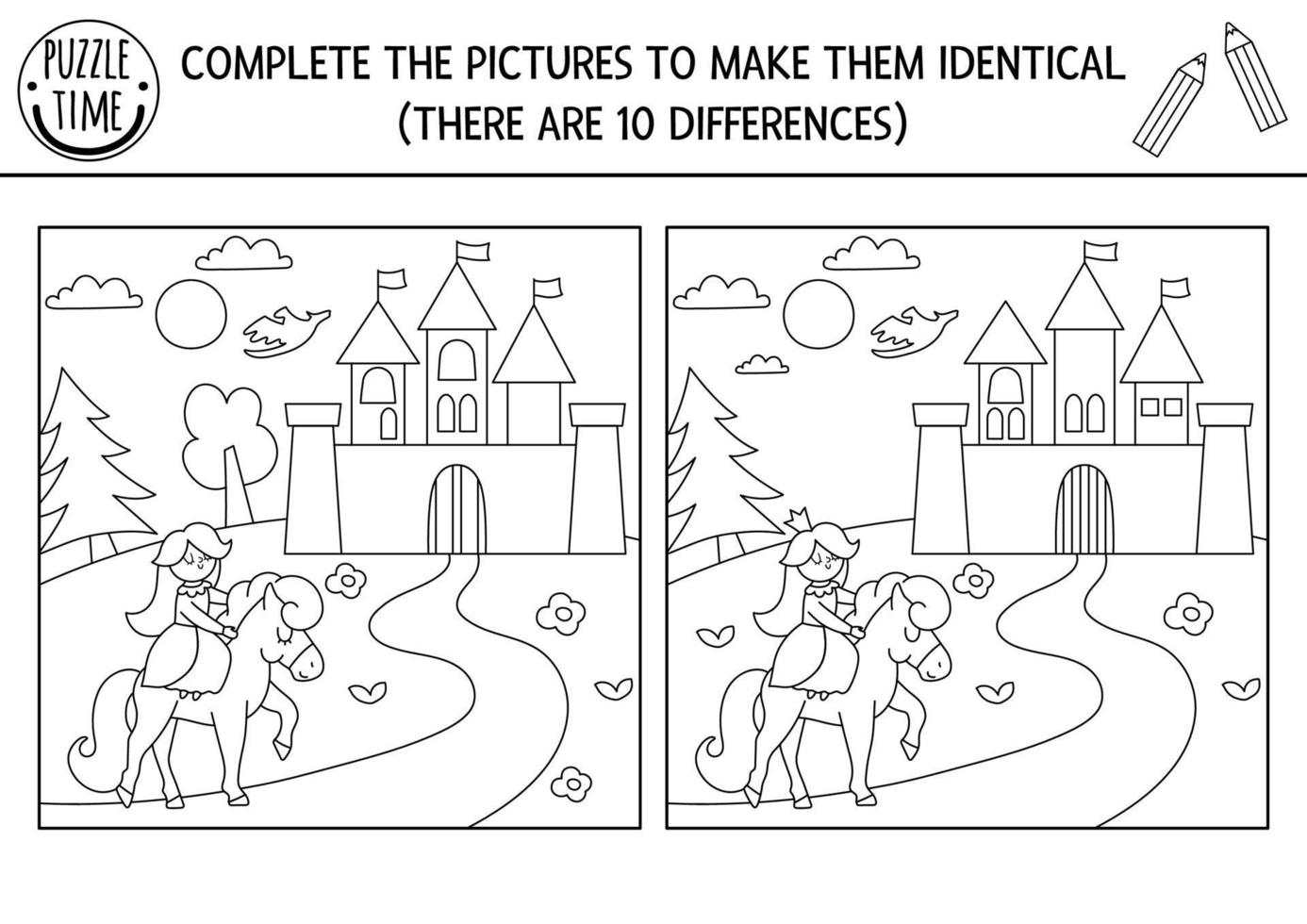 Black and white find differences, logical and drawing game for kids. Fairytale educational activity with castle, princess. Complete picture printable worksheet. Magic kingdom puzzle or coloring page vector