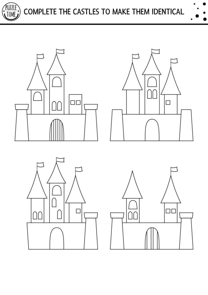 Black and white find differences, logical and drawing game for kids. Fairytale educational activity with castles. Complete picture printable worksheet. Magic kingdom puzzle or coloring page vector