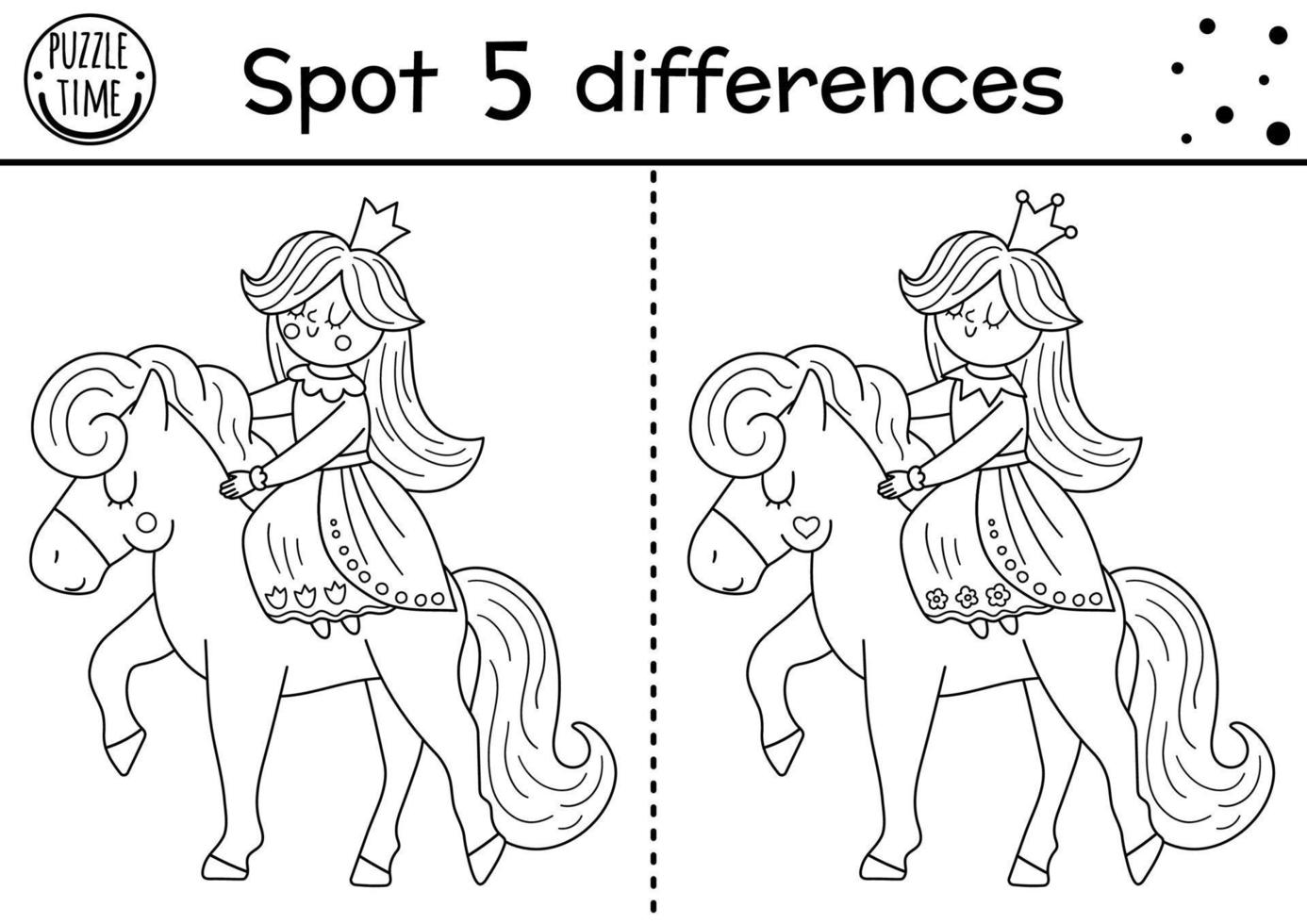 Black and white find differences game for children. Fairytale educational activity with cute princess and mirror. Magic kingdom puzzle for kids. Fairy tale printable worksheet or coloring page vector
