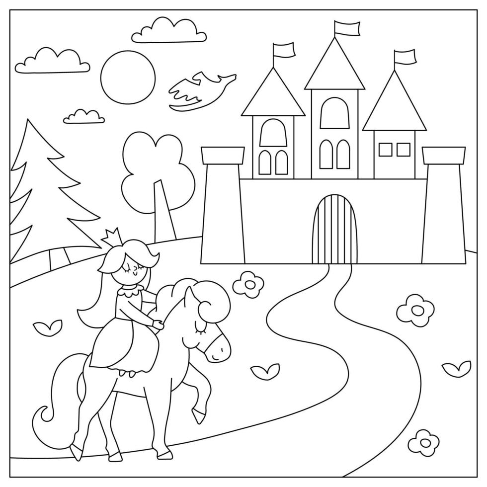 paisaje de pueblo medieval vectorial en blanco y negro con princesa a caballo y castillo. pagina para colorear del reino magico. ilustración de paisaje de bosque mágico de línea vector