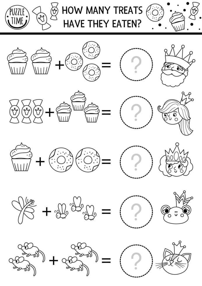 How many treats game with cute fairytale characters, donuts, sweets. Black and white magic kingdom math addition activity for preschool kids. Printable simple counting worksheet or coloring page vector