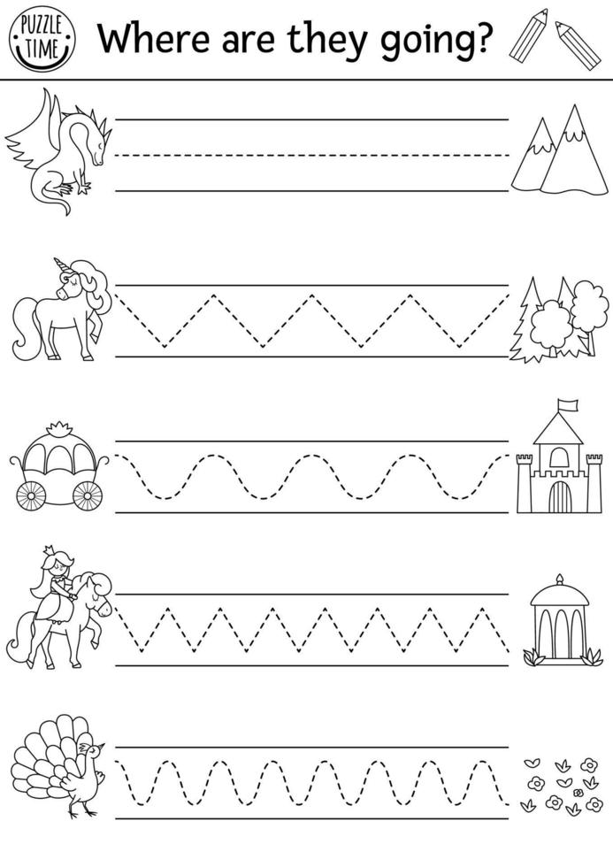 Vector magic kingdom handwriting practice worksheet. Fairytale printable black and white activity for pre-school children. Fantasy tracing game for writing skills with unicorn, castle, princess