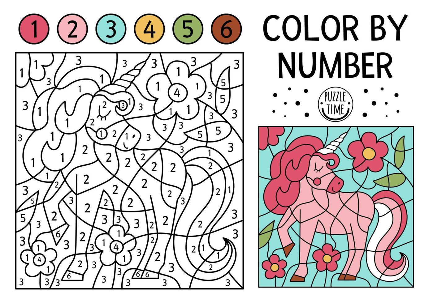 Vector Magic kingdom color by number activity with pink unicorn and flowers. Fairytale counting game with cute horse. Funny coloring page for kids with fantasy creature.