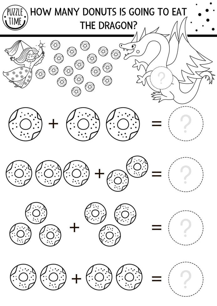 ¿Cuántos juegos de donas con lindas criaturas de cuento de hadas? actividad de adición matemática del reino mágico en blanco y negro para niños en edad preescolar. hoja de trabajo de conteo simple imprimible o página para colorear con dragón vector