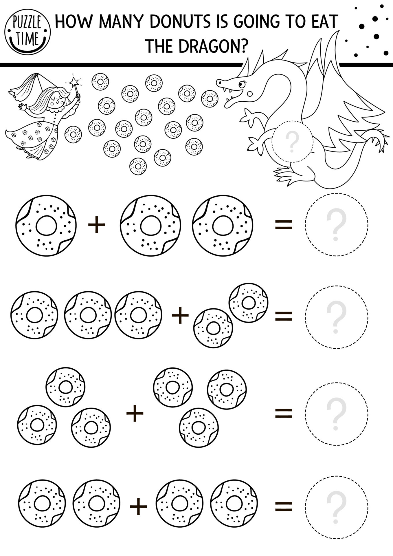 How many donuts game with cute fairytale creatures. Black and white
