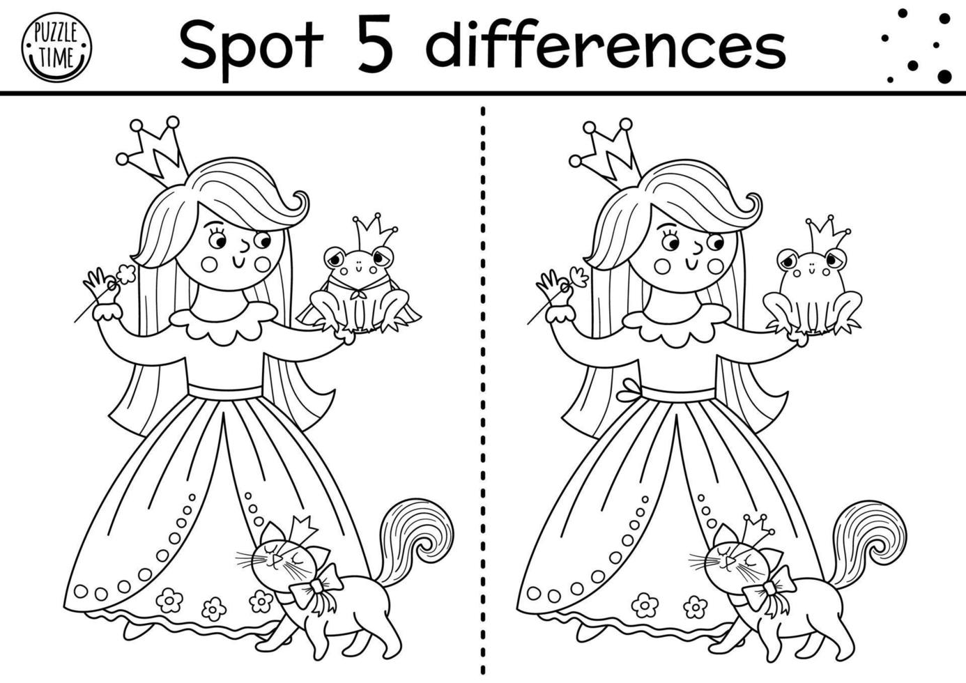 Black and white find differences game for children. Fairytale educational activity with cute princess and frog prince. Magic kingdom puzzle for kids. Fairy tale printable worksheet or coloring page vector