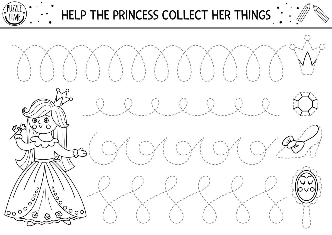 Vector magic kingdom handwriting practice worksheet. Fairytale printable black and white activity for preschool children. Fantasy tracing game for writing skills with cute princess, shoe, crown