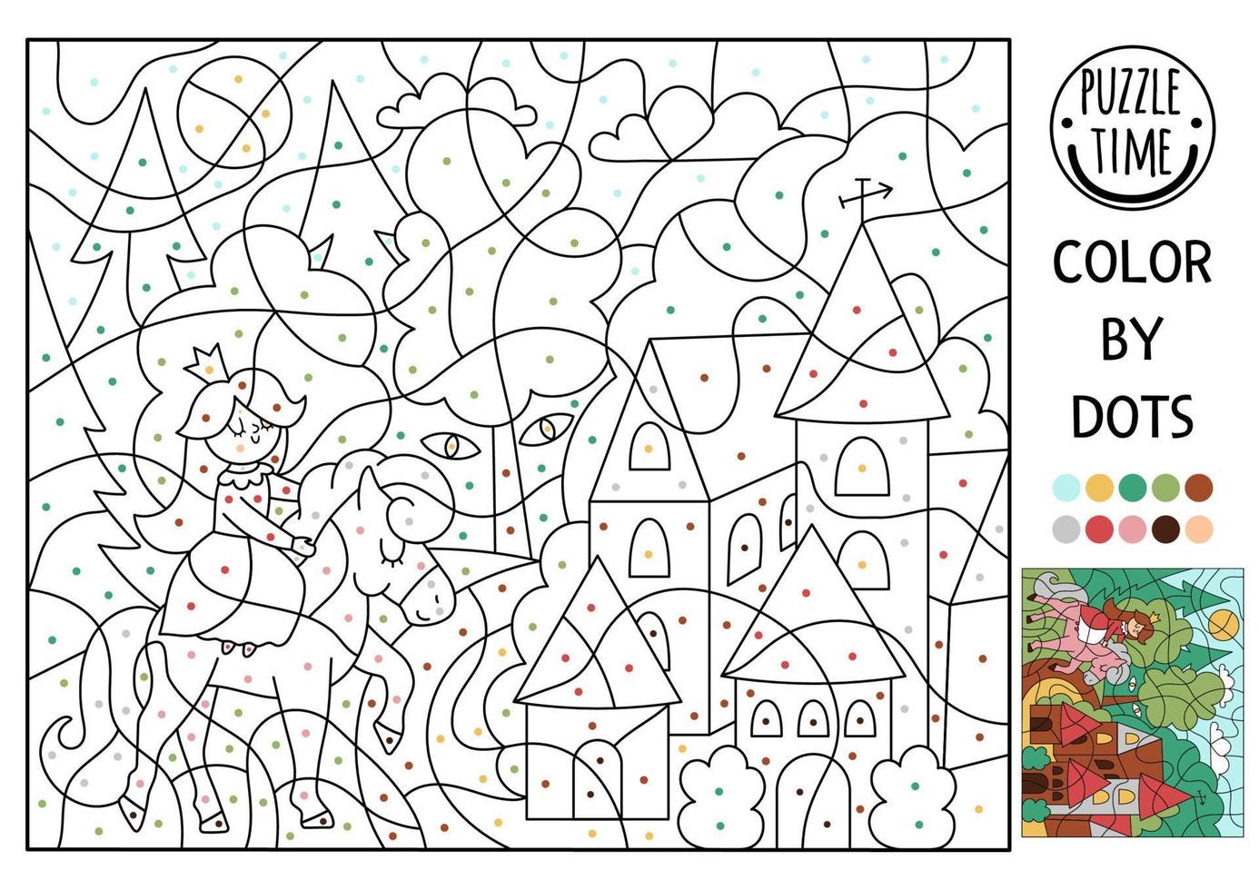 Vector Magic kingdom color by dot activity with princess on a horse. Fairytale counting game with cute forest landscape and house. Funny coloring page for kids with fantasy scene.
