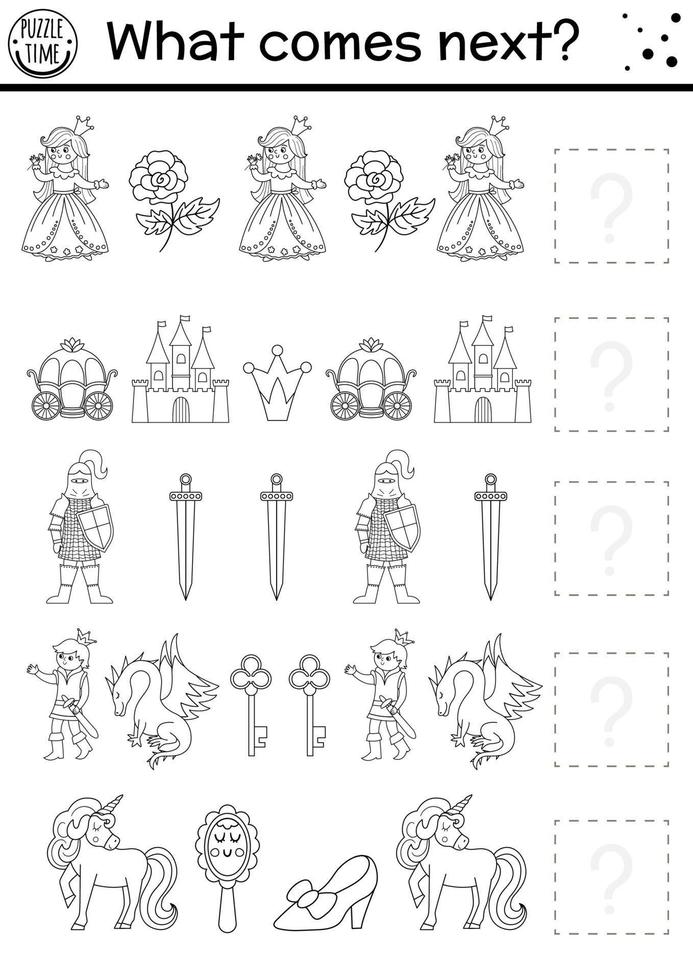 What comes next. Black and white fairytale matching activity with traditional fantasy symbols and characters. Funny magic kingdom puzzle or coloring page. Continue the row game. vector