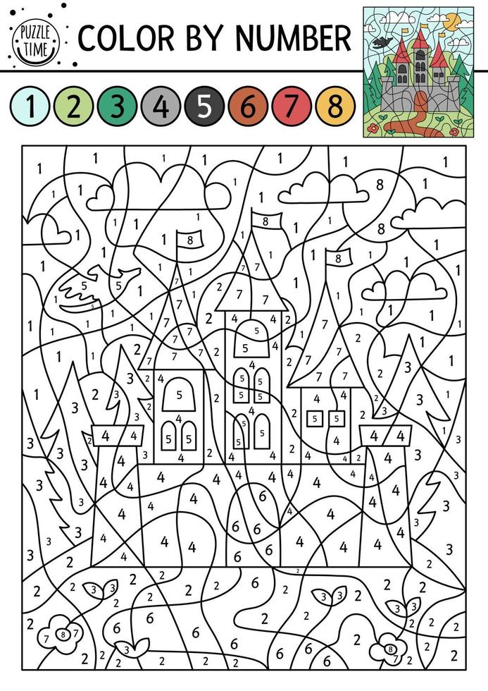 color del reino mágico vectorial por actividad numérica con castillo. juego de conteo de cuento de hadas con lindo paisaje de bosque de fantasía y casa de rey. divertida página para colorear para niños con palacio y dragón. vector