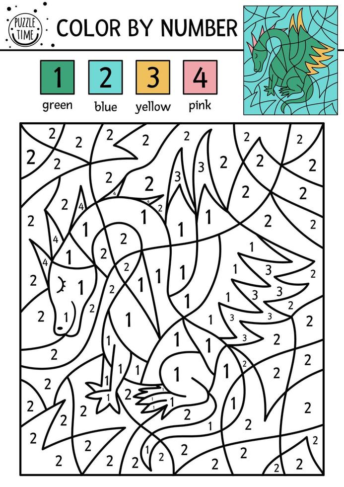 Vector Magic kingdom color by number activity with green dragon. Fairytale counting game with cute dinosaur. Funny coloring page for kids with fantasy creature.