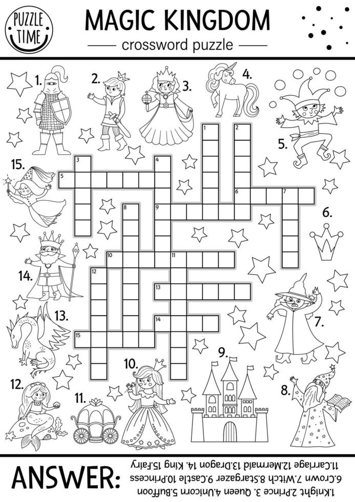 Vector fairytale black and white crossword puzzle for kids. Simple line magic kingdom quiz with fantasy creatures. Educational activity with knight, castle, princess, unicorn. Cross word coloring page