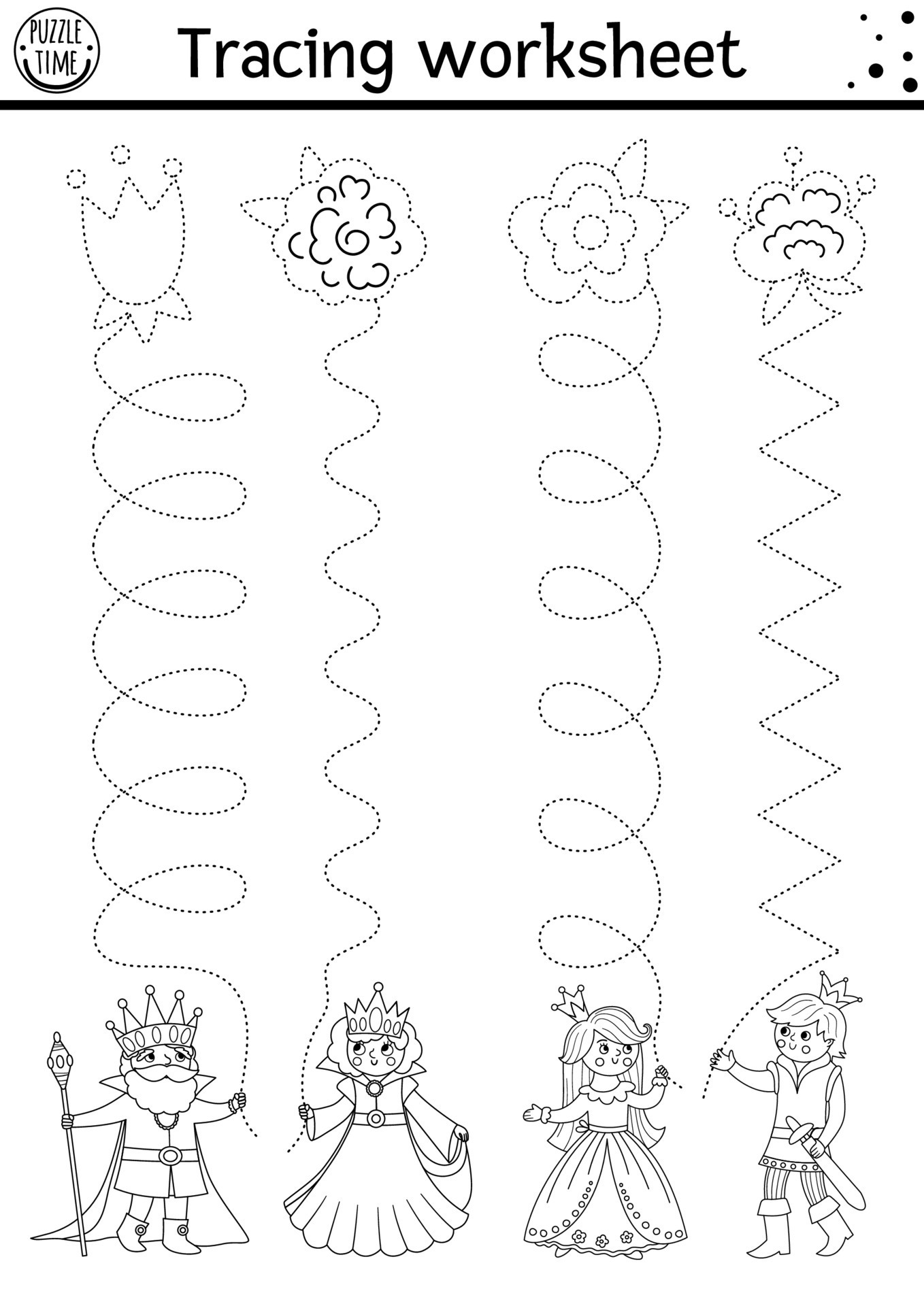 Vector magic kingdom handwriting practice worksheet. Fairytale