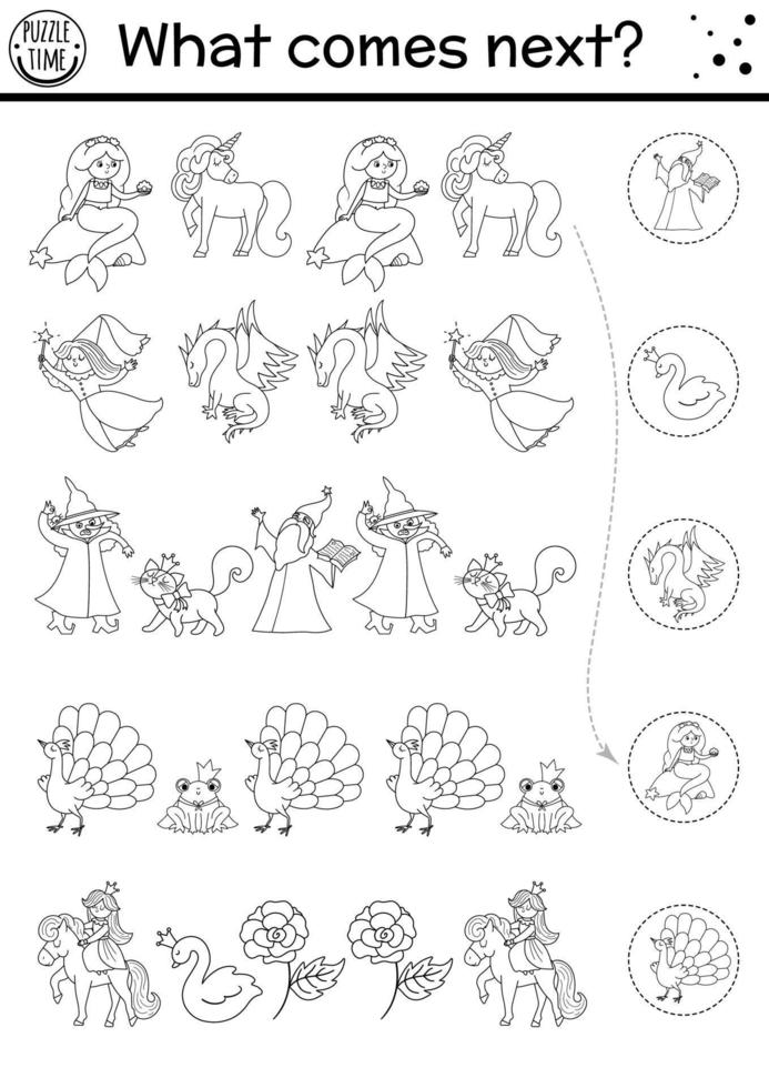 What comes next. Black and white fairytale matching activity for preschool children with fantasy creatures. Funny magic kingdom puzzle or coloring page. Continue the row game vector