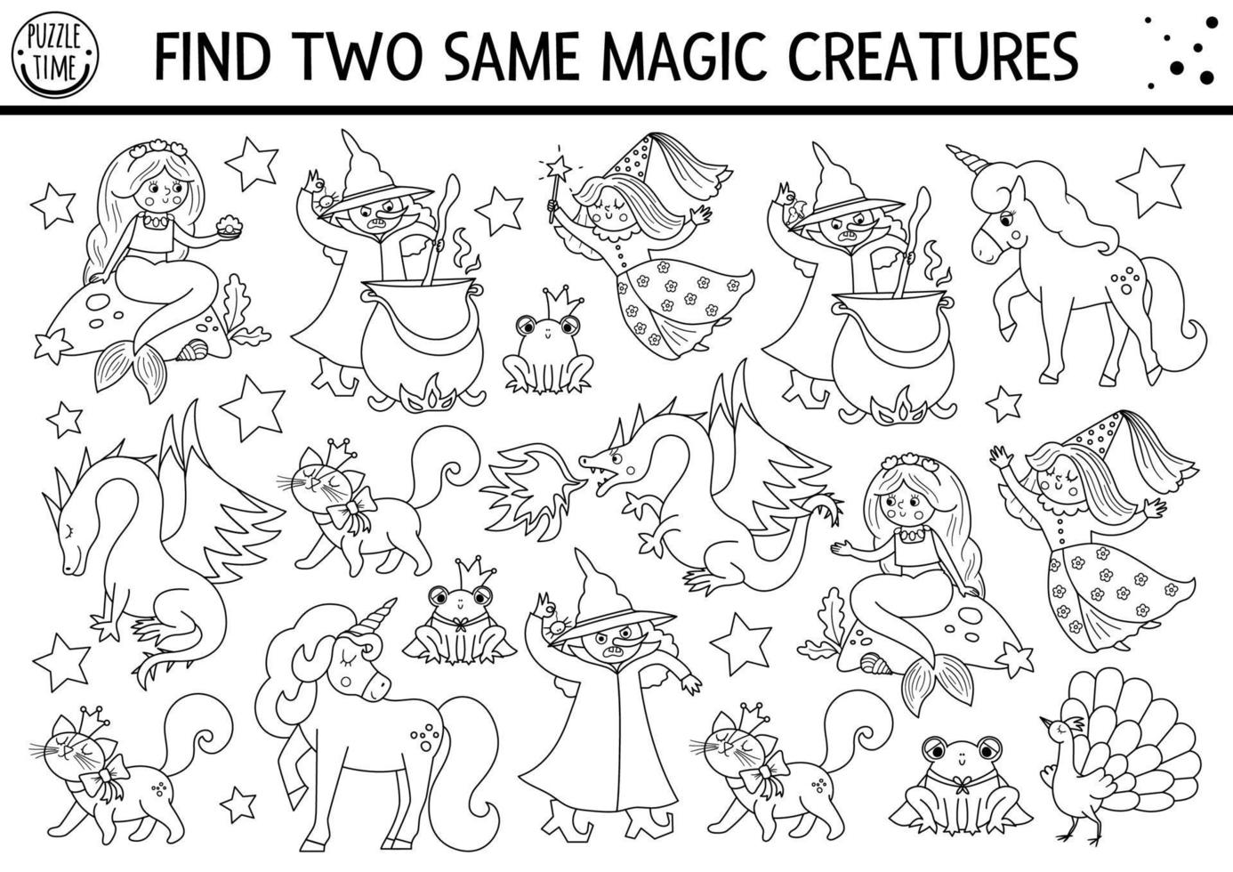 Find two same magic creatures. Black and white fairytale matching activity for children. Fantasy kingdom quiz worksheet or coloring page. Simple printable game with dragon, witch, unicorn vector