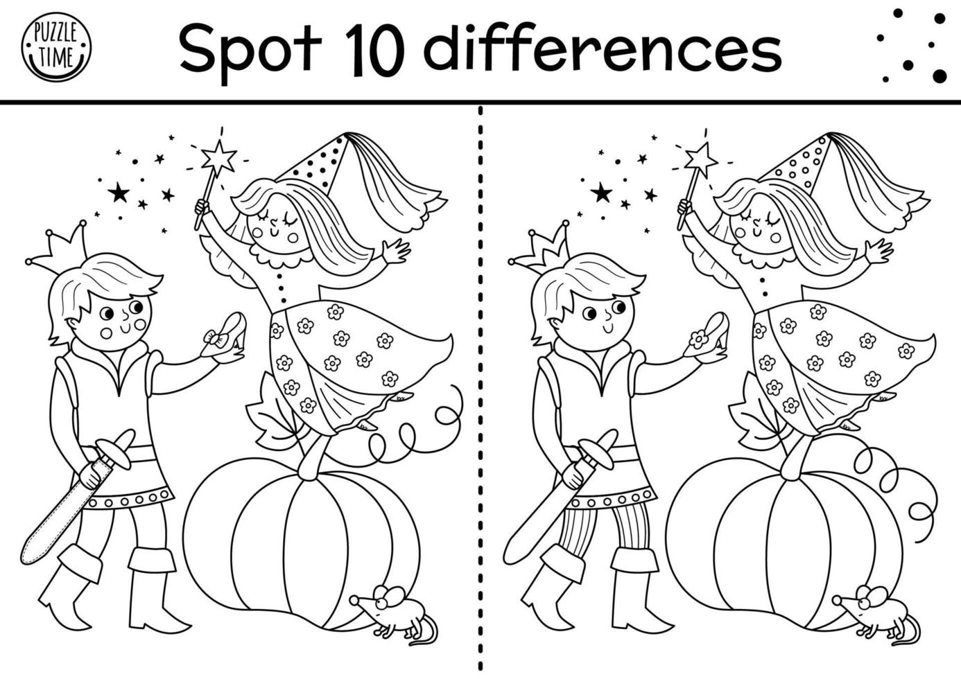 Juego de encontrar diferencias en blanco y negro para niños. actividad educativa de cuento de hadas con lindo príncipe, zapato, hada, calabaza. Rompecabezas del reino mágico para niños. hoja de trabajo imprimible de cuento de hadas, página para colorear vector