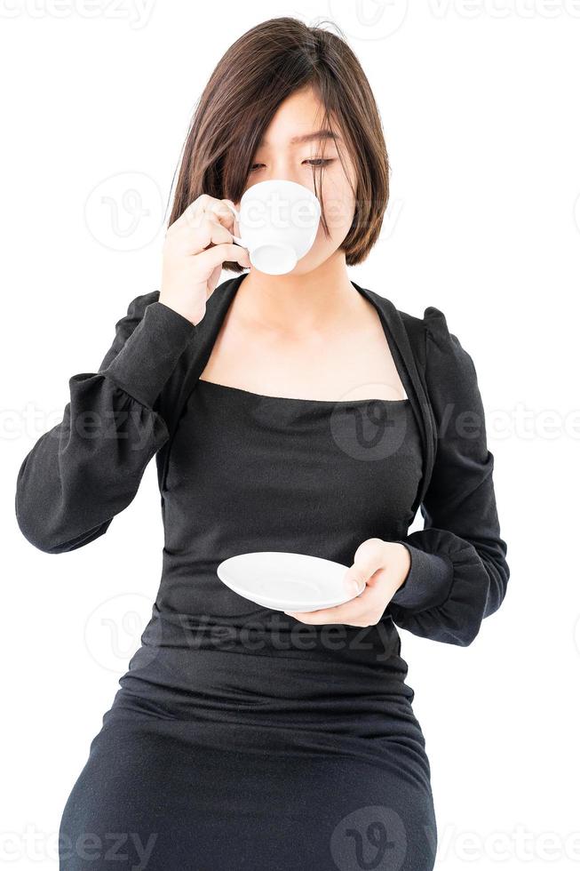 Woman holding coffee cup isolated on white photo