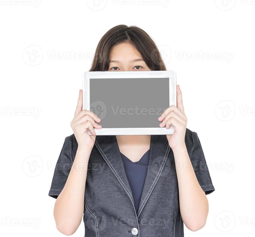 Woman holding up  blank tablet computer photo