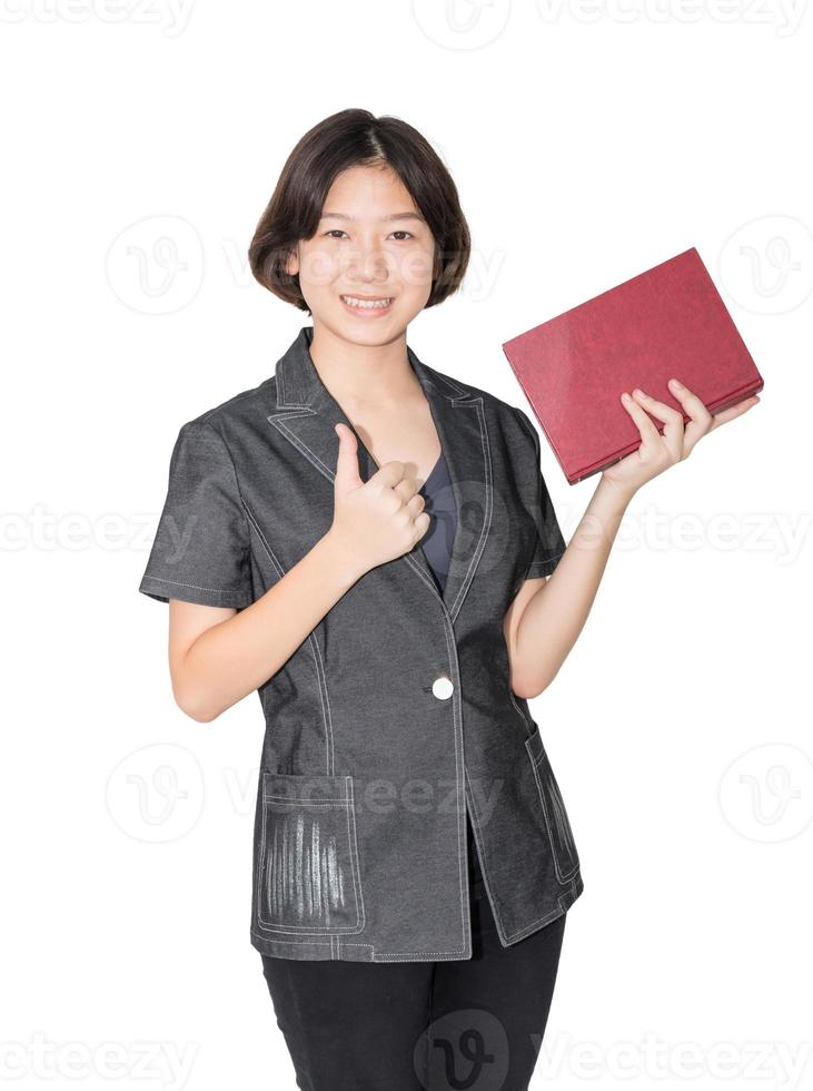 Young female short hair holding up red book photo