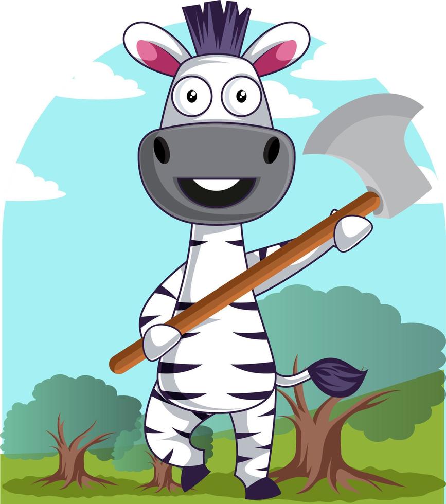 Zebra with axe, illustration, vector on white background.
