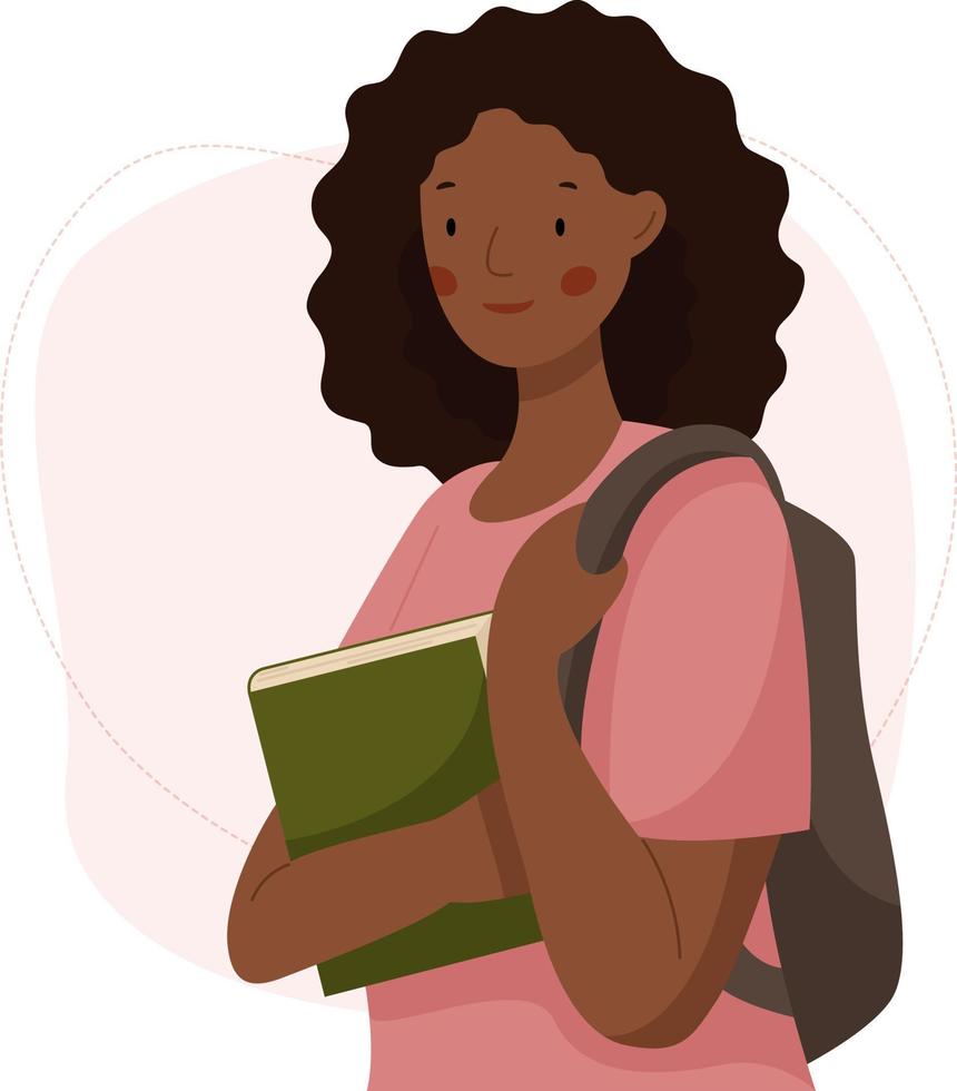 linda estudiante africana con una mochila sosteniendo un libro. mujer joven que estudia en la universidad. vector