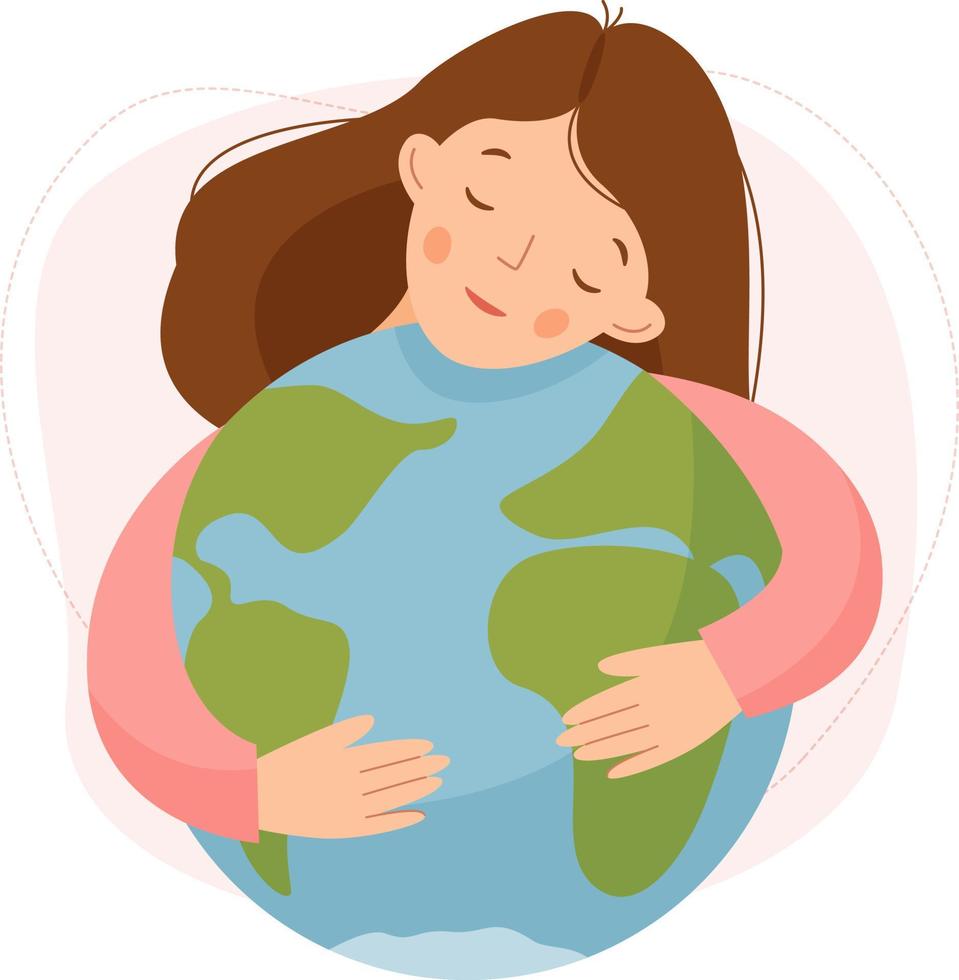 Cute girl hugs the globe with her hands. A woman loves the world. Earth Day. Peace. vector