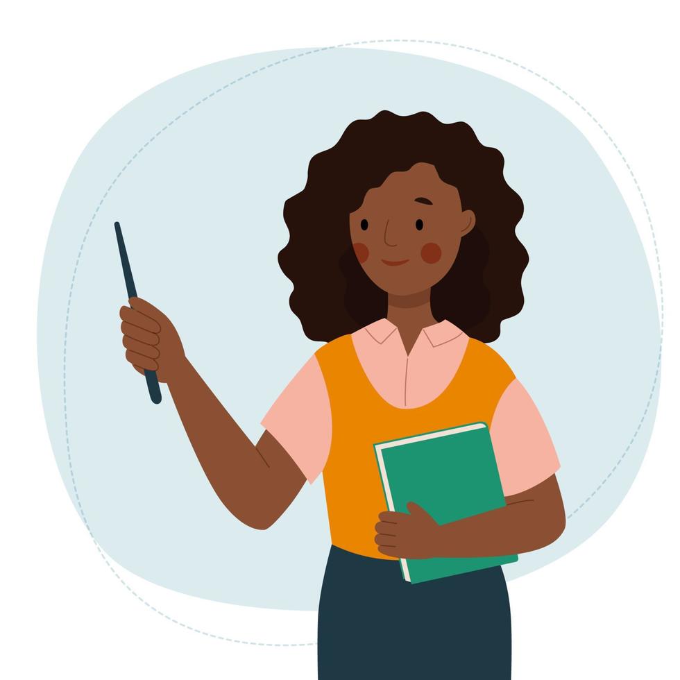 Female teacher. Cute african woman stands with pointer and book. School and learning concept. Teacher's day. vector