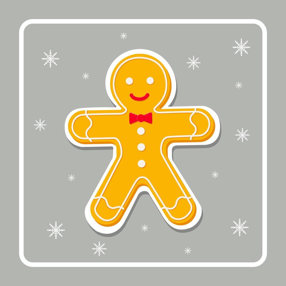 Christmas card with gingerbread man. Winter sticker. Ginger cookies, Christmas treat. Greeting card, frame for Christmas, New Year. Winter Holiday Decoration. Bright Vector illustration