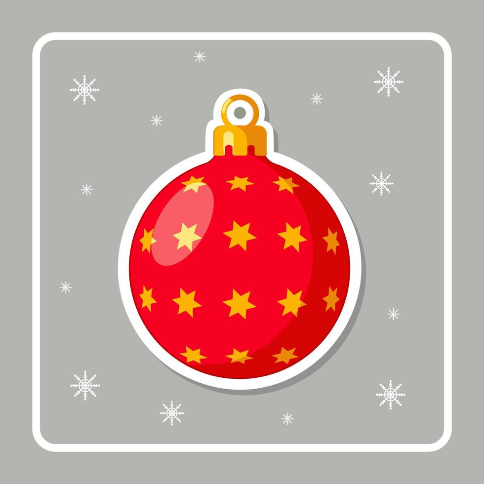 linda tarjeta de navidad con bola de navidad roja. pegatina de invierno. tarjeta de felicitación, marco para navidad, año nuevo. decoración de vacaciones de invierno. símbolo cristiano tradicional. ilustración vectorial brillante vector